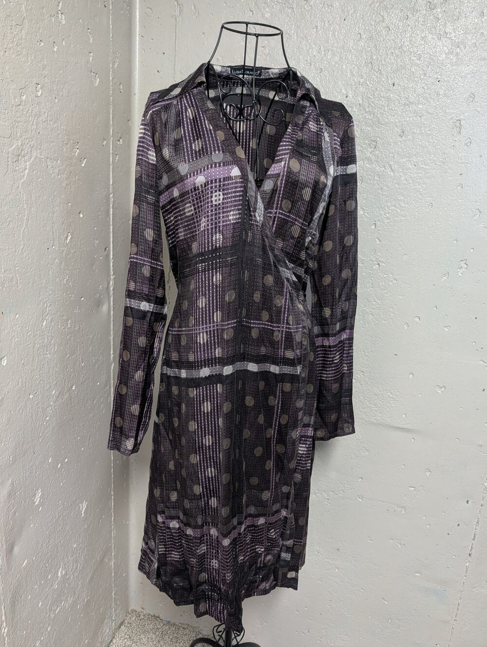 Luisa Cerano Silk Blend Mod Geometric Wrap Midi Dress Y2K